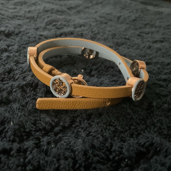 TB Double Wrap Leather Logo Bracelet Two-Tone Mustard&Light Blue W/ Gold Tone HW - Picture 8 of 11